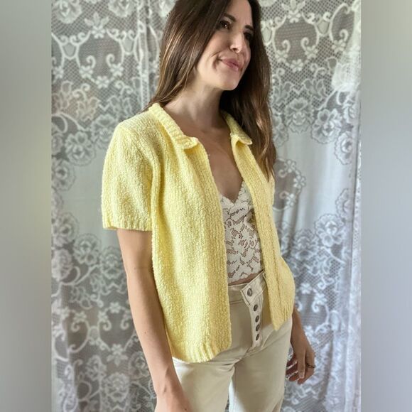 Vintage LeRoy Knitwear Acrylic Open Front Short Sleeve Yellow Cardigan - Picture 8 of 13